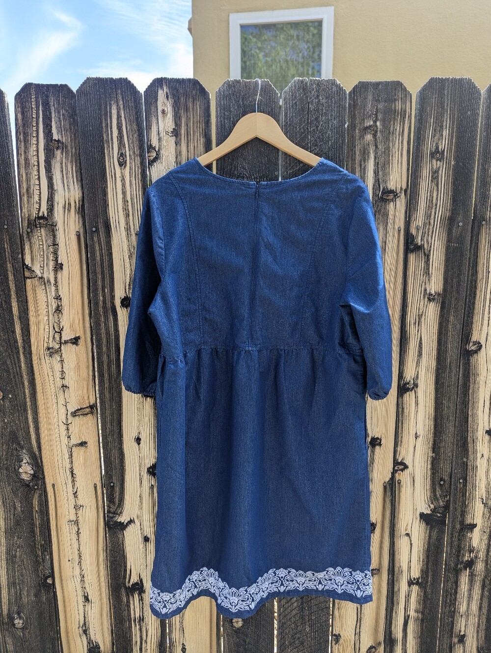 Women's Denim Dress with Embroidered Hem - Picture 3 of 5